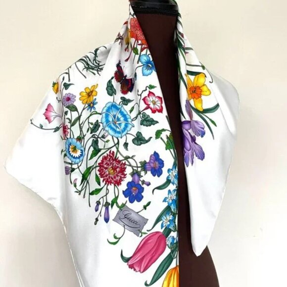 GUCCI SILK SCARF FLOWER PRINT GG LOGO FLORAL WHITE MULTICOLOR WRAP - Picture 7 of 11
